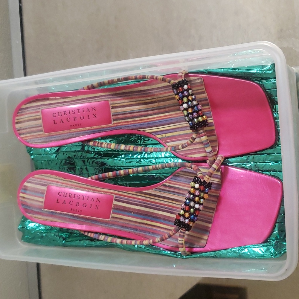 Christian Lacroix Pink Sandals w/ Multicolored Suede & Beaded Embellishments S39